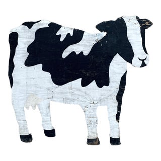 Rustic Large Cow Advertising Sign Hand-Painted Vintage For Sale