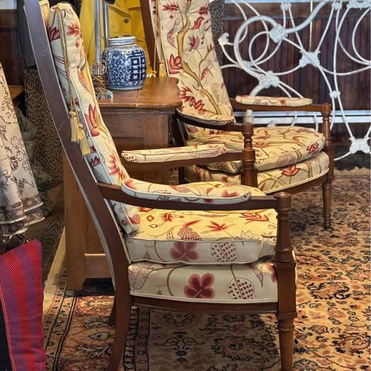 Pair of Mid Century Regency Style Wood Frame Armchairs With Waverly Style Upholstery Fabric and Brass Finial and Tassel Accents For Sale - Image 9 of 14