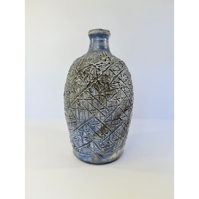 2010s Blue Modern Textured Pottery Vase For Sale - Image 5 of 10