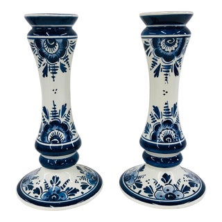 Delft Blue and White Floral Candlesticks -A Pair For Sale