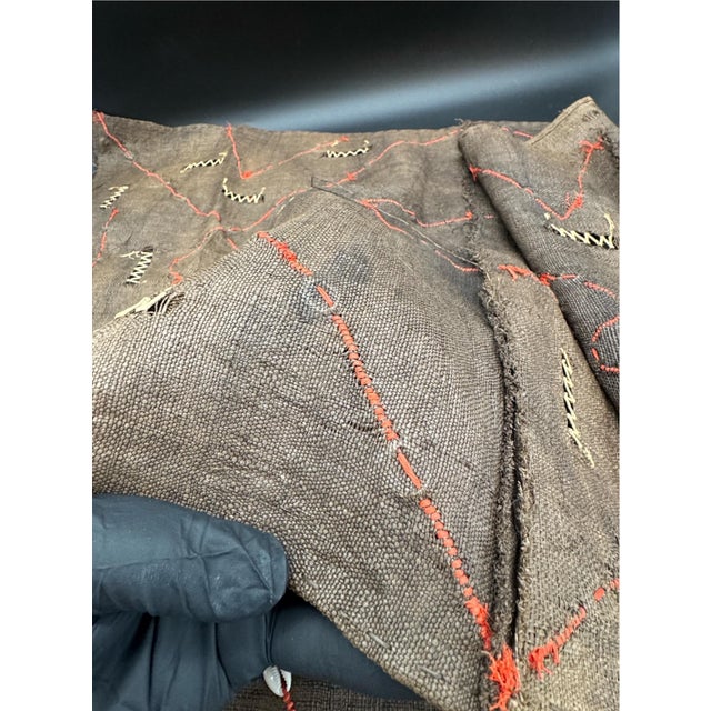 1980s Vintage African Kuba Mud Cloth With Cowrie Shells and Orange Seed Beads in a Geometric Design For Sale - Image 5 of 14