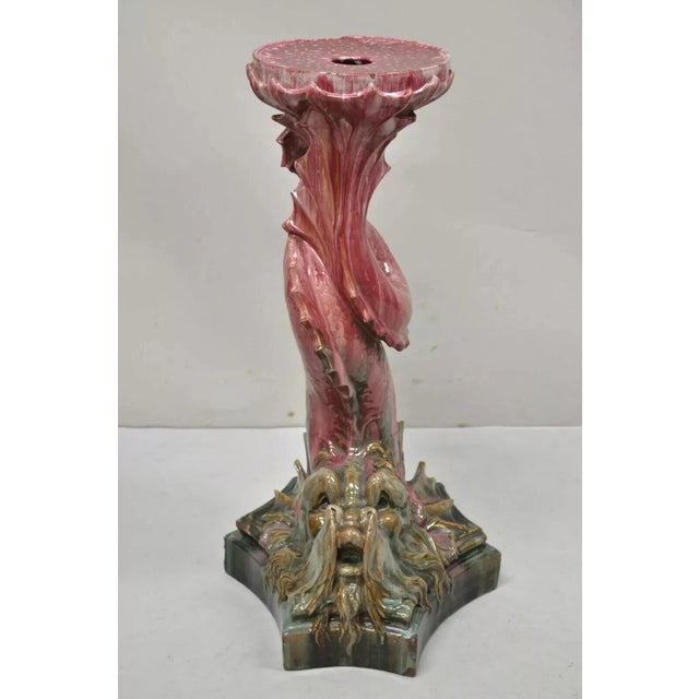 Antique Majolica Terracotta Pottery Dolphin Serpent Pink Plant Stand Pedestal. Item features a unique bearded serpent...