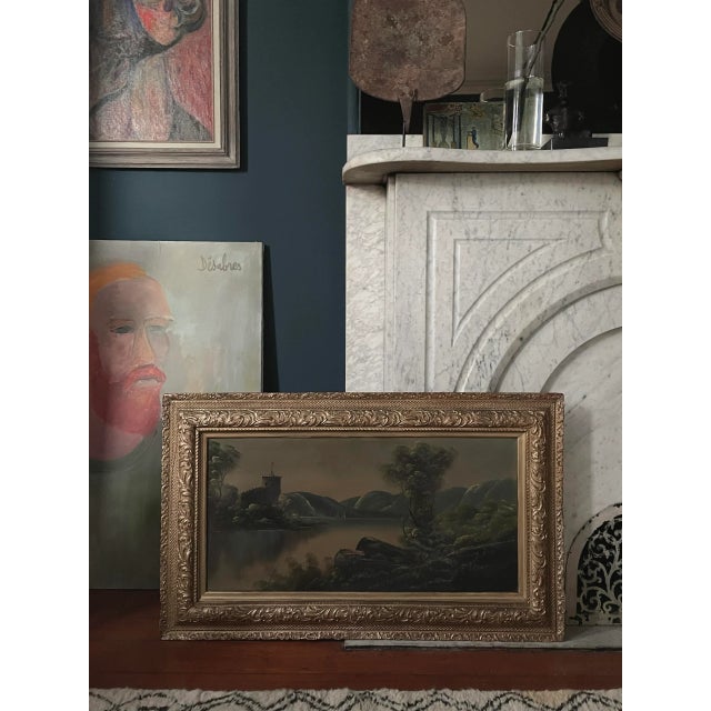 Antique 19th C. Continental Riverscape/Landscape W/ Boats & Castle, Framed (Oil on Canvas) Waterscape painting of a...