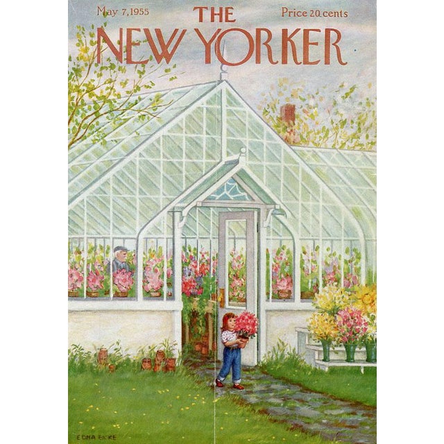 Original early New Yorker magazine cover dated May 7, 1955 featuring a Greenhouse theme. Based on an illustration by Edna...