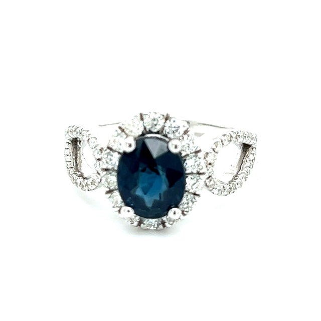 Traditional Natural Sapphire Diamond Ring Size 6.25 14k W Gold 2.93 TCW Certified For Sale - Image 3 of 10