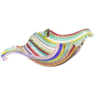 Vintage Murano Galliano Ferro Fused Cane Latticino Multicolored Glass Bowl, 1960's For Sale