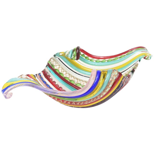 Vintage Murano Galliano Ferro Fused Cane Latticino Multicolored Glass Bowl For Sale