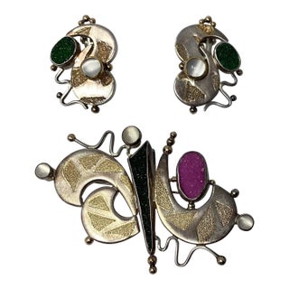 Mid 20th Century Tricia Young Sterling, 18k Gold, Druzy Quartz, and Moonstone Pin/Pendant and Earrings, 3 Pieces For Sale
