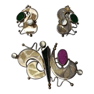 Mid 20th Century Tricia Young Sterling, 18k Gold, Druzy Quartz, and Moonstone Pin/Pendant and Earrings, 3 Pieces