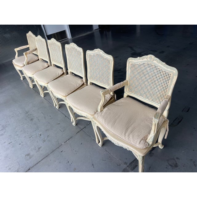 French Louis XV Style Painted Cane Back Dining Chairs With Carved Frames & Cabriole Legs – Set of 6 For Sale - Image 18 of 18