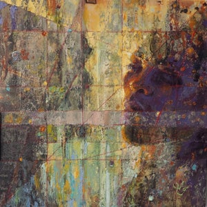 Conjuring by Lisa Fricker | Oil on collage on cradled panel abstract face and textured background
