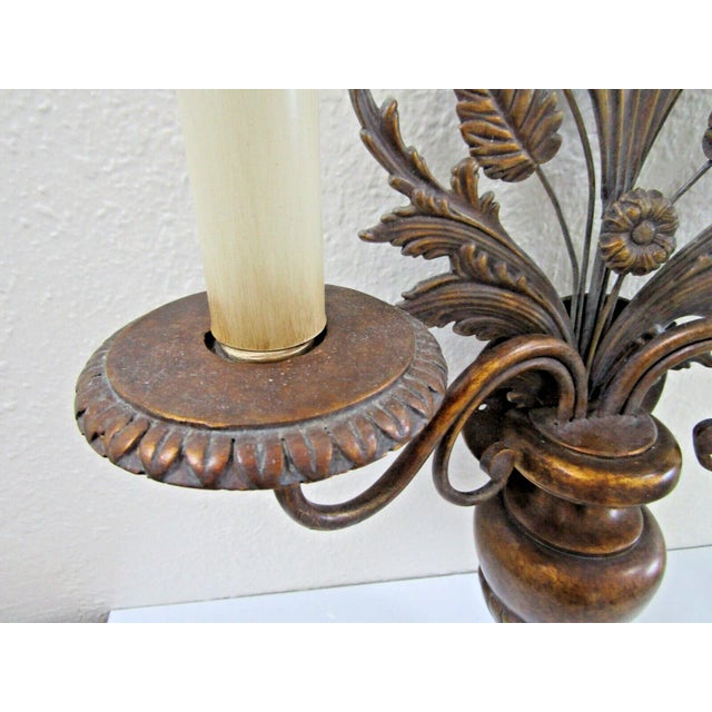 Gold Pair of 1960s Fine Arts Company Wood and Metal Plant Urn Two Light Wall Sconces For Sale - Image 8 of 9
