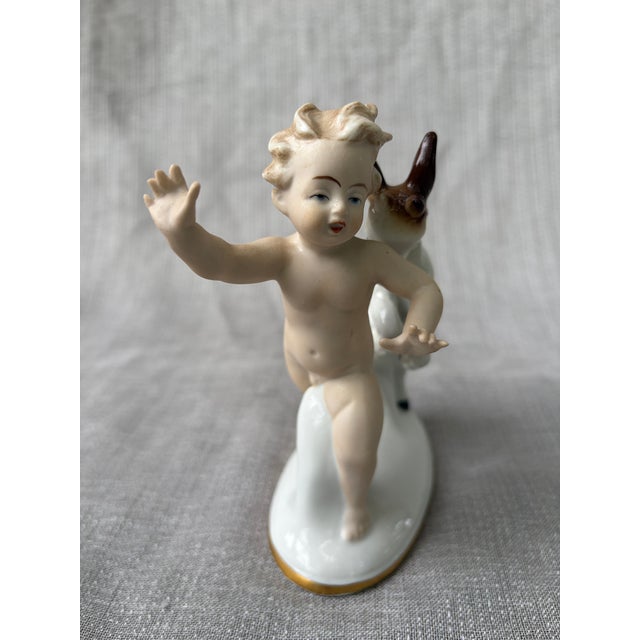 White 1950s Porcelain Young Child and His Goat Playing Wallendorf Figurine For Sale - Image 8 of 15