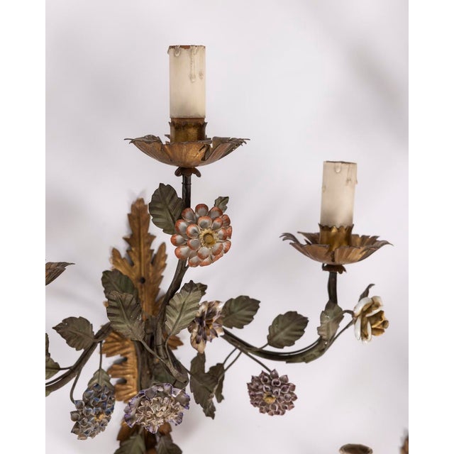 Vintage Italian Floral Wall Lamps in Iron and Porcelain, 1950s, Set of 3 For Sale - Image 11 of 16