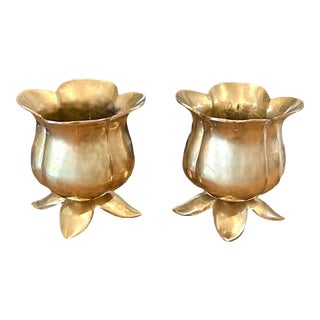 Vintage Brass Tulip Candle Cups / Holders / Candlesticks, a Pair For Sale