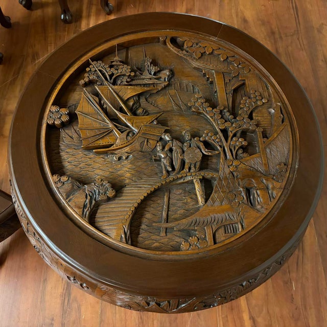 Vintage Carved Asian Hardwood Tea Table With Glass Top and Matching Nesting Stools For Sale - Image 13 of 18