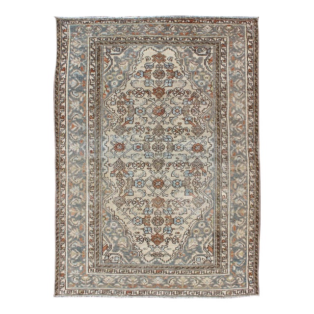 Antique Persian Malayer Rug With Soft Blue, Ivory, and Brown Geometric Medallion Design For Sale