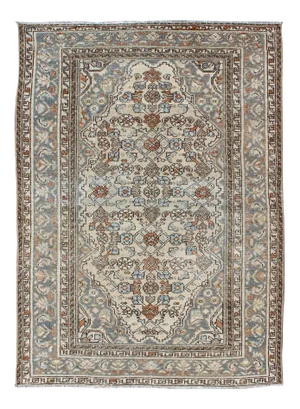 Antique Persian Malayer Rug With Soft Blue, Ivory, and Brown Geometric Medallion Design