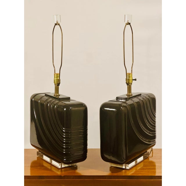 1980s Postmodern Large Black Ceramic and Lucite Table Lamps, Pair For Sale - Image 12 of 12