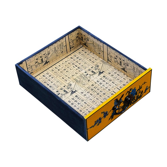 Oriental Bright Mustard Yellow Vinyl Flower Bird Graphic Cabinet For Sale - Image 13 of 16