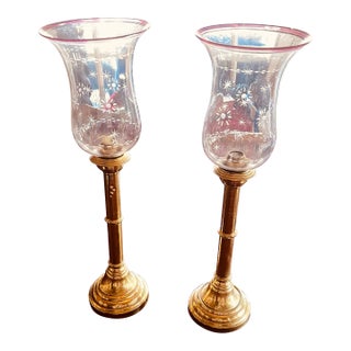 1980s English Brass Candle Sticks With Etched Glass- Set of 2 For Sale