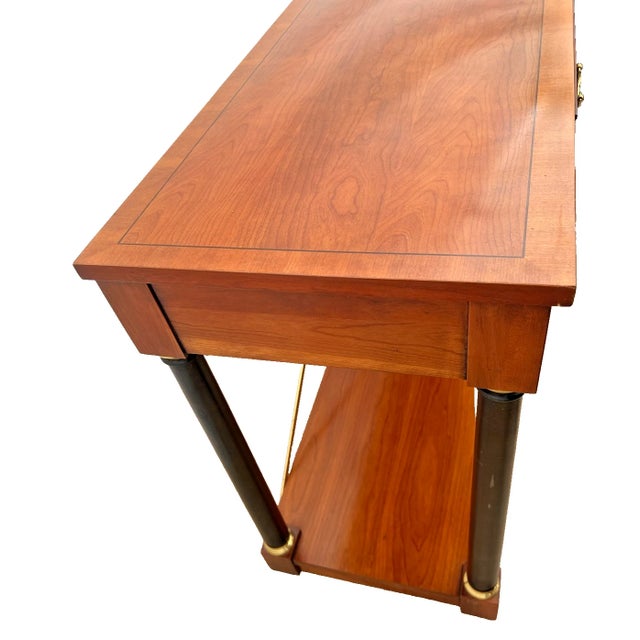 Wood Vintage Ethan Allen Sofa Console Table, Regency Neo Classical, Cherry, Brass X Stretcher For Sale - Image 7 of 14