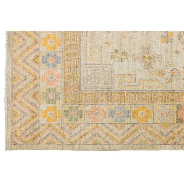 Sand Modern Khotan Style Hand-Knotted Wool Rug - Pastel Geometric Medallion Design For Sale - Image 8 of 11