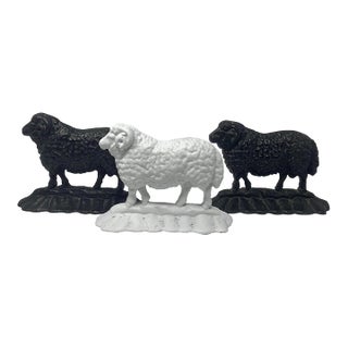 Antique 19thC Cast Iron Ram Door Stops Set of 3, 2 Black 1 White Free-Standing Heavy For Sale
