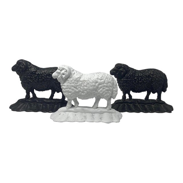 Antique 19thC Cast Iron Ram Door Stops Set of 3, 2 Black 1 White Free-Standing Heavy For Sale