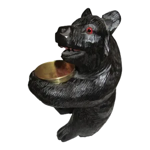 19th C Black Forest Hand-Carved Swiss Brienz Bear With Brass Holder