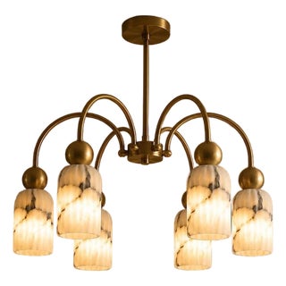 Modern 6 Light Brass Chandelier, Alabaster Glass Pendant Light, Mid Century Ceiling Fixture, Luxury Dining Room Lighting For Sale