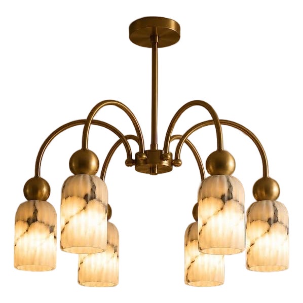 Modern 6 Light Brass Chandelier, Alabaster Glass Pendant Light, Mid Century Ceiling Fixture, Luxury Dining Room Lighting For Sale