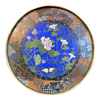 Fine Japanese Cloisonne Enamel Plate With Butterflies Morning Glories Goto For Sale