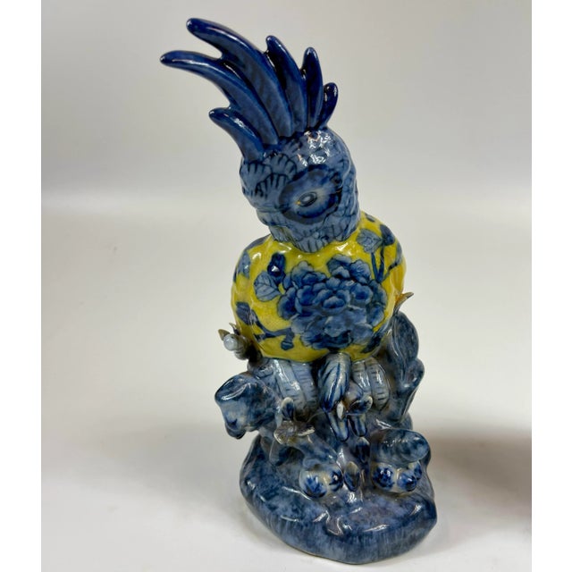 Ceramic 1990s Set of 2 Hand Painted Porcelain Chinoiserie Blue and Yellow Birds For Sale - Image 7 of 9