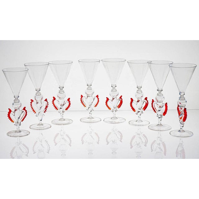 Mid-Century Modern Transparent with Red Accents Tipetti Murano Glass Glasses from Cenedese, 1950s, Set of 8 For Sale - Image 3 of 18