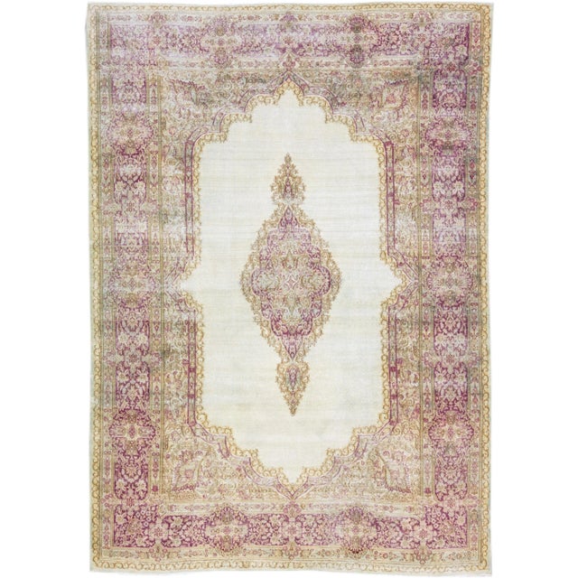 Textile 1960s Vintage Persian Distressed Handmade Medallion Ivory Wool Rug For Sale - Image 7 of 7