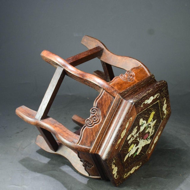Shell Vintage Chinese Huali Rosewood Hexagonal Stool | Mother-of-Pearl Inlaid Bird & Flower Motif For Sale - Image 7 of 9