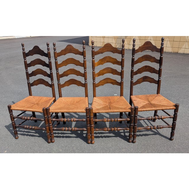 Farmhouse Vintage Ladder Back Chairs With Rush Seats- Set of 4 For Sale - Image 3 of 11