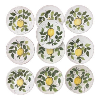 Mid 20th Century Hand Painted Italian Pottery Lemon Plates- Set of 10 For Sale