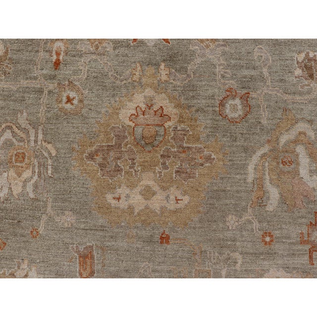 Green Large Turkish Angora Oushak Rug With Soft Green Field and Rust Accents For Sale - Image 8 of 13