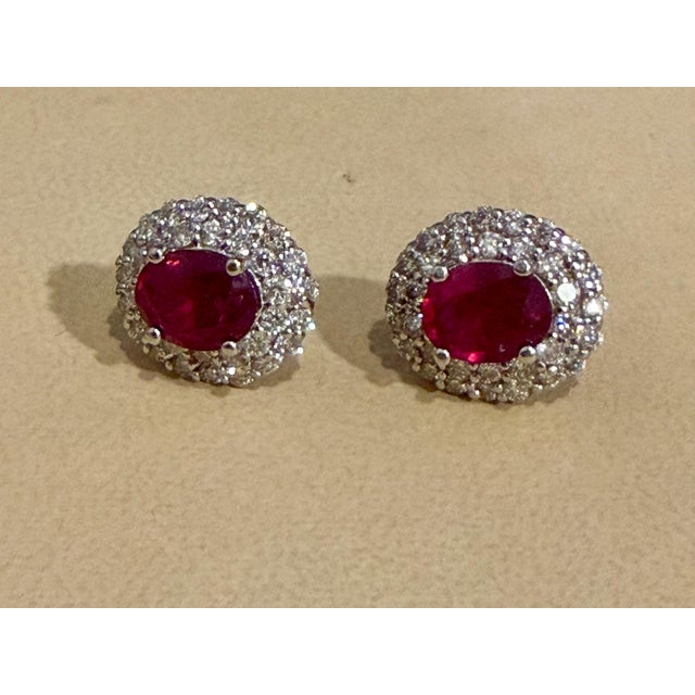 6 Ct Oval Treated Ruby & 2 Ct Double Halo Diamond Stud Earrings 14k White Gold For Sale - Image 4 of 8