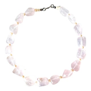 Chunky 18" Vintage Rose Quartz Beaded Necklace With Freshwater Pearl Spacers and Sterling Silver Clasp For Sale