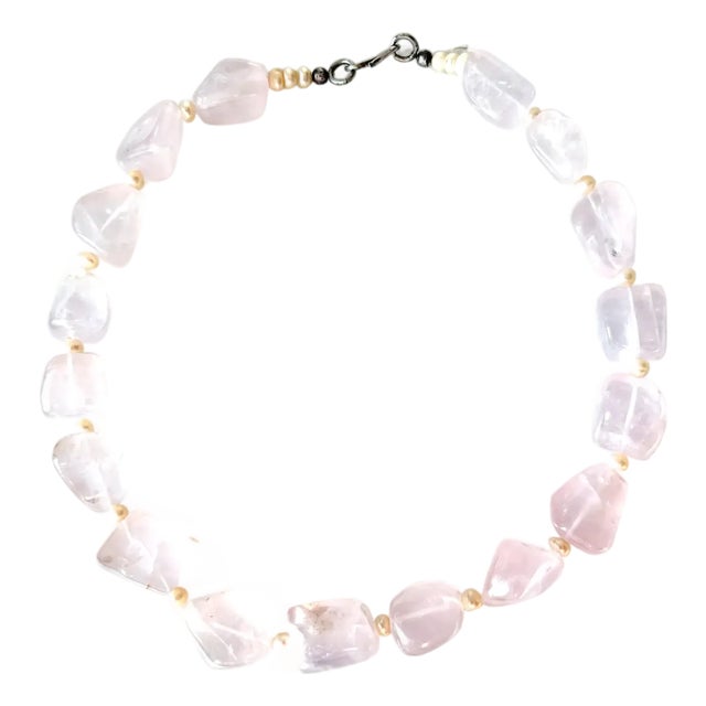 Chunky 18" Vintage Rose Quartz Beaded Necklace With Freshwater Pearl Spacers and Sterling Silver Clasp For Sale