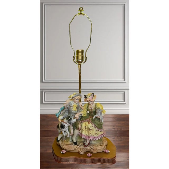 Rococo Vintage Bisque Figurine Table Lamp: Siblings Sitting With a Lamb and Dog: A Pair For Sale - Image 3 of 12