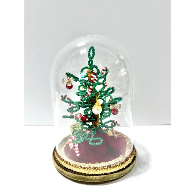 English 1970s Miniature Beaded Christmas Tree Under Glass Cloche For Sale - Image 3 of 8