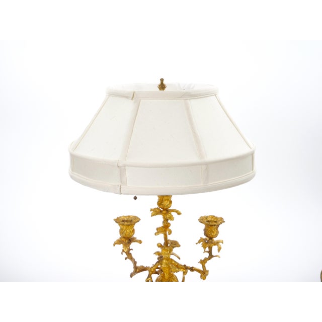 French Pair of Gilt Bronze Louis XVI-Style Three-Light Candelabra Table Lamps For Sale - Image 4 of 15