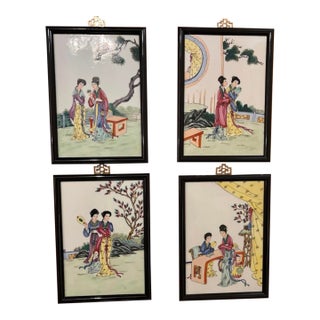 Vintage Chinese Famille Rose Hand Painted and Framed Porcelain Tiles Set of 4 For Sale