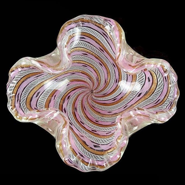 Beautiful vintage Murano hand blown pink, white and copper aventurine twisted ribbons Italian art glass decorative bowl....