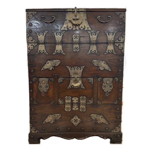 This piece is an exquisite antique Korean bandaji–style chest (also called a blanket chest or tansu in broader East Asian...