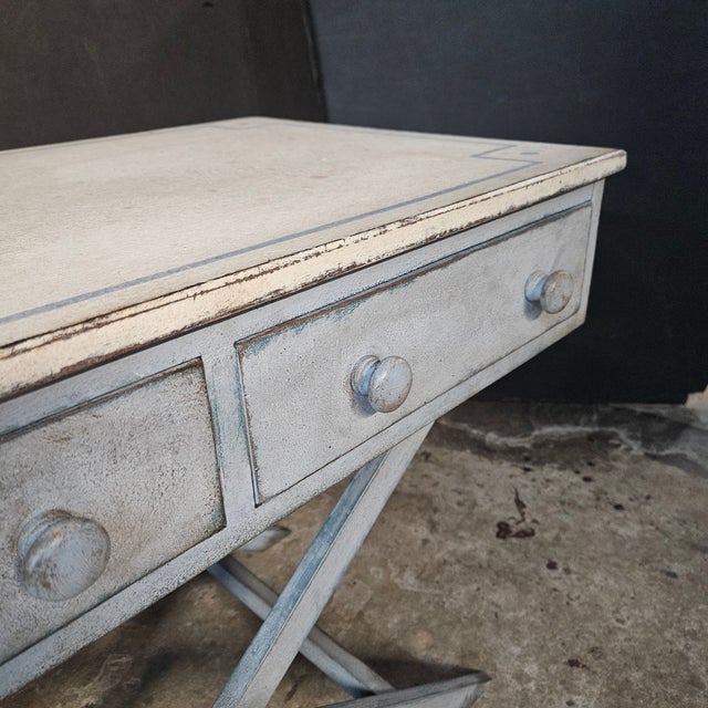 Mid-Century Modern Mid 20th Century Pair of Blue Painted Single Drawer X Frame Side Tables With Blue Accent Line on Top For Sale - Image 3 of 15